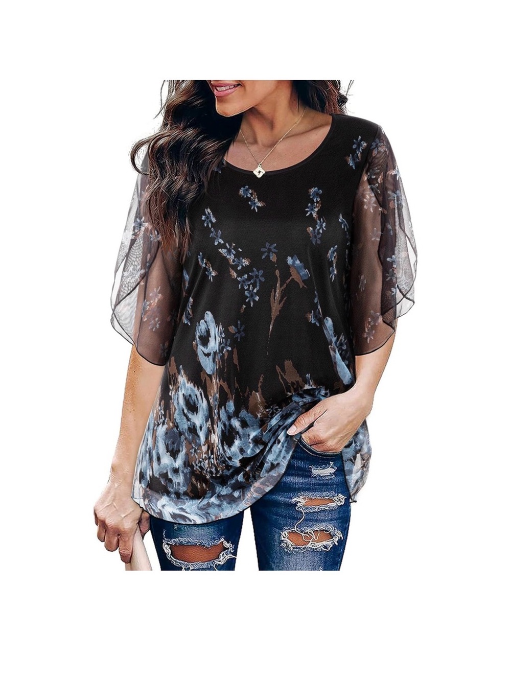 Women’s Black Floral Sheer Sleeve Top - Casual Elegant